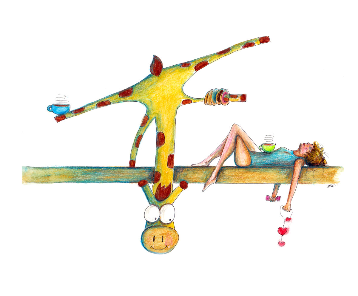 Giraffe doing gymnastics on a beam